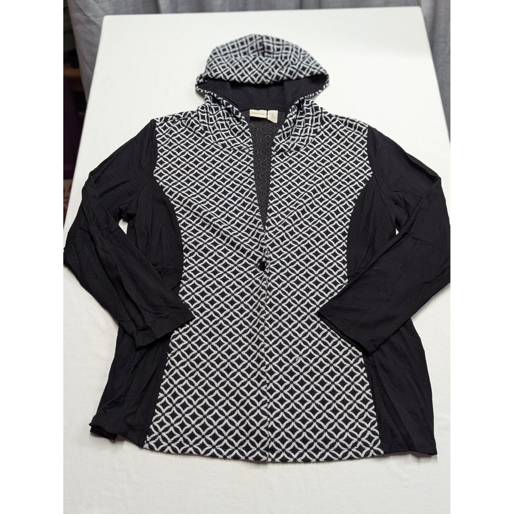 Zenergy by Chicos Black White Geometric Hooded Cardigan Toggle Size 2 Large